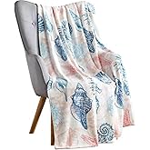 Decorative Ocean Life Coastal Throw Blanket: Soft Plush Velvet Fleece Calming Hues of Blues and Soft Coral Pink, Accent for Sofa Couch Chair Bed or Dorm (Kai)