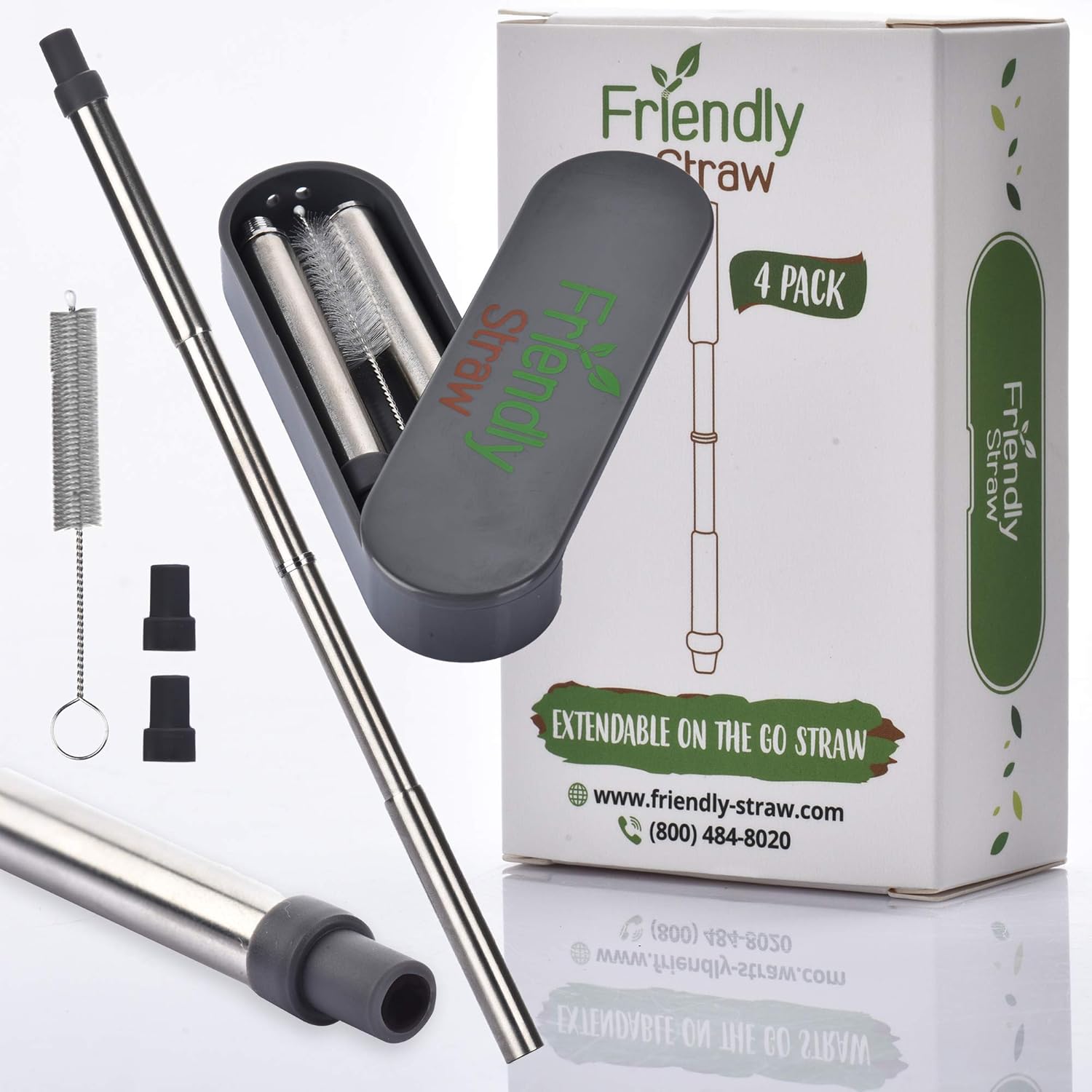 Friendly Straw Portable Reusable Drinking Straws, Telescopic Stainless Steel Drinking Straw with Silicone Mouthpiece, Travel Case and Cleaning Brush