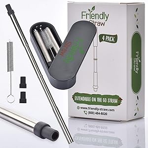 Friendly Straw Portable Reusable Drinking Straws, Telescopic Stainless Steel Drinking Straw with Silicone Mouthpiece, Travel Case and Cleaning Brush