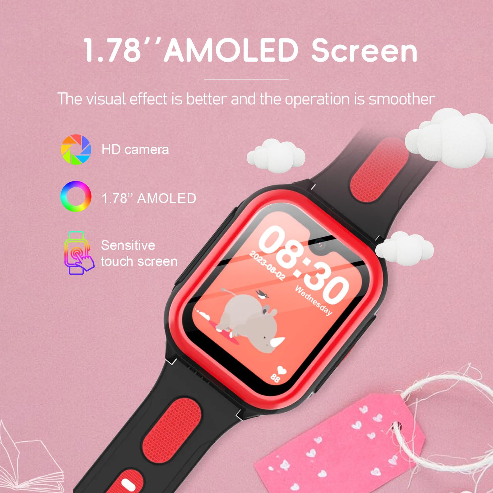Wonlex 4G Smartwatch for Kids with SIM Card, 1.78 Inch Touch Screen Phone Watch with Video Calling, Voice Chat, SOS, Camera, Music, Pedometer, Birthday Gift for Girls and Boys 8-12 Years Old