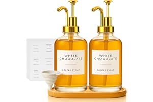 TECHSHARE 2 Pack 16oz Glass Coffee Syrup Dispenser with Gold Pump, Elegant Coffee Bar Accessories with Labels, Reusable Syrup Bottles for Kitchen, Café & Home Decor