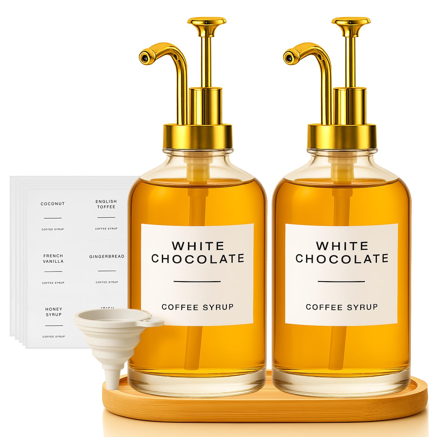 Photo 1 of  Pack 16oz Glass Coffee Syrup Dispenser with Gold Pump, Elegant Coffee Bar Accessories with Labels, Reusable Syrup Bottles for Kitchen, Café & Home Decor