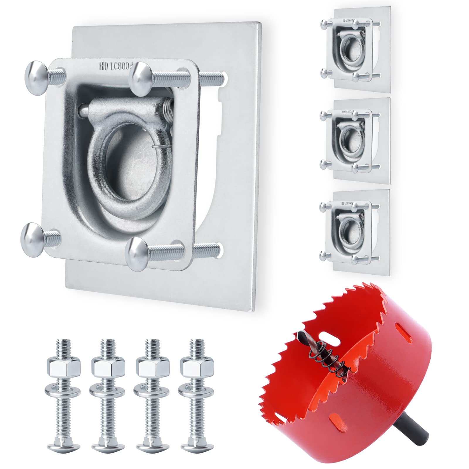Recessed D-Ring Tie Down Anchor Kit, 4 Pack 800KG Trailer D Ring Tie Down Anchor with Hole Saw Drill, for Trailer Cargo Truck Flatbed Pickup