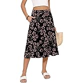 MLXSJ Women's Midi Skirt Summer Flowy Elastic High Waisted Casual Pleated Skirts with Pockets