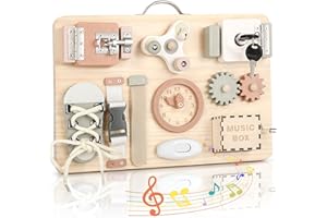 Joyreal Montessori Busy Board for Toddlers - Wooden Sensory Board Activity Board for Fine Motor Skills, Travel Baby Busy Board Sensory Toys for Kids