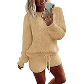 Ekouaer Fuzzy Fleece Pajamas 2 Piece Warm Soft Lounge Set Long Sleeve Sweater Top and Shorts Loungewear Outfits Sweatsuits