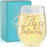 On The Rox Drinks 50th Birthday Stemless Wine Glass for Women - 50 & Fabulous- 50 Year Old Wine Glass Birthday Gift- Rose Gold Print Ideal for Women, Mom, Friend, Sister Turning Fifty - 17 oz