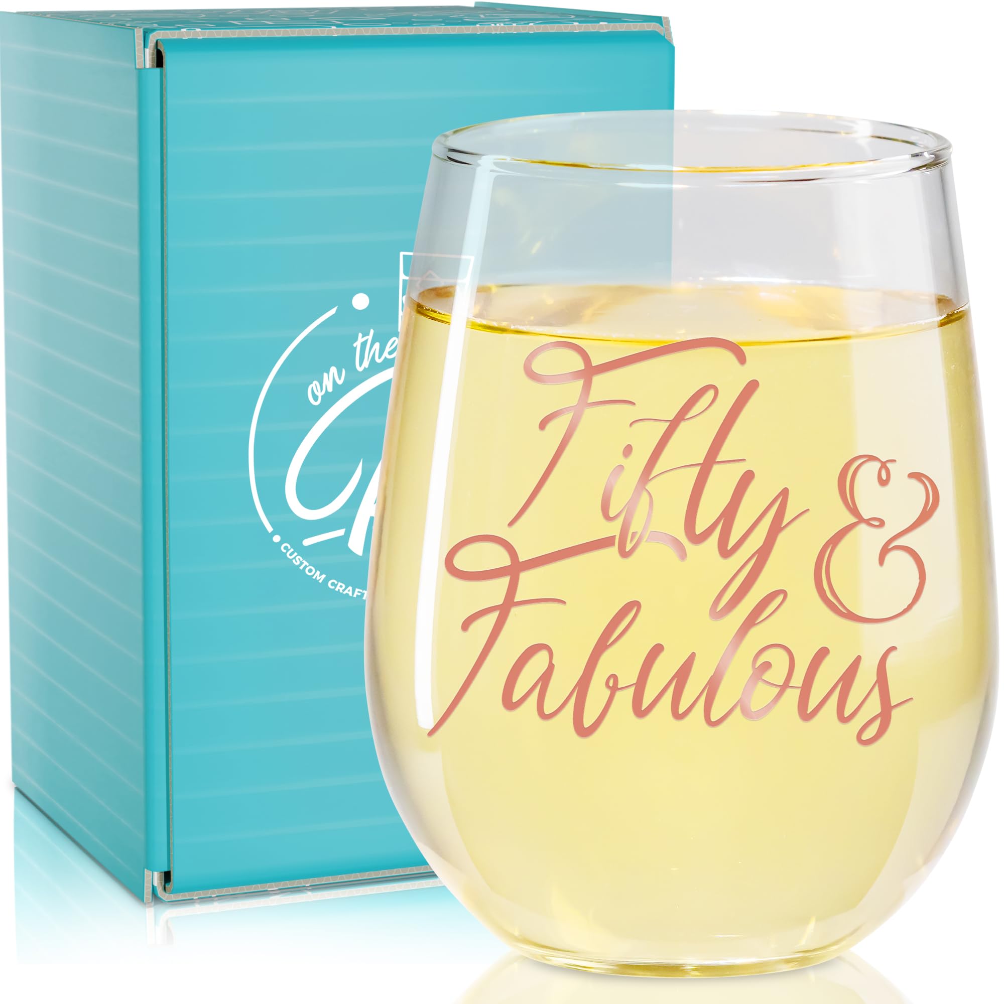 On The Rox 50th Birthday Stemless Wine Glass for Women - 50 & Fabulous- 50 Year Old Wine Glass Birthday Gift- Rose Gold Print Ideal for Women, Mom, Friend, Sister Turning Fifty - 17 oz