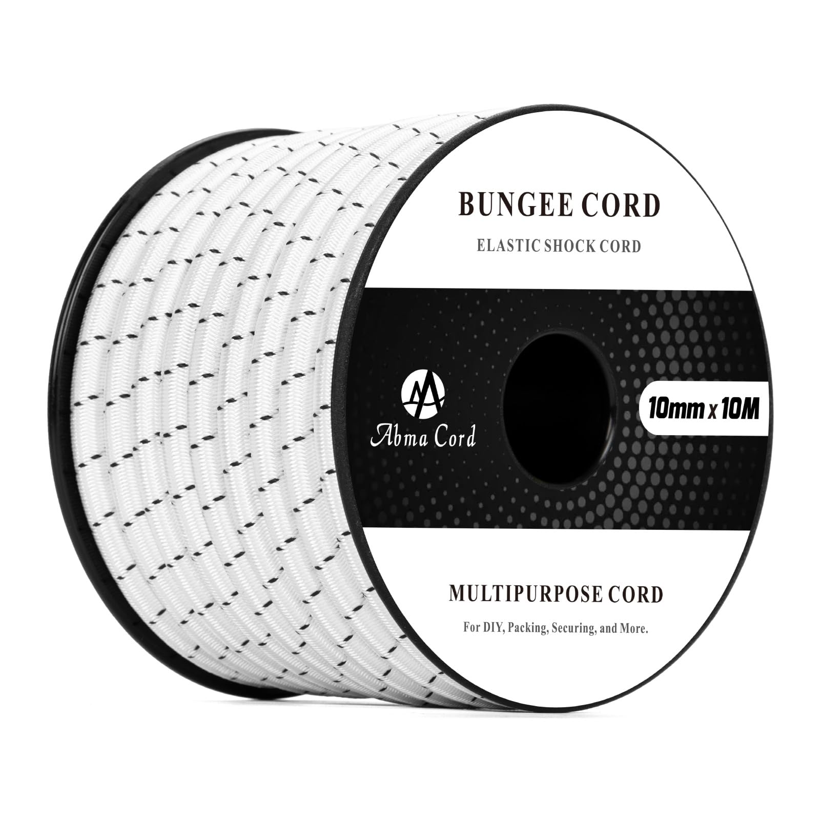Abma Cord Bungee Cord 10mm 10M Elastic Shock Cord 100% Stretch Elastic Bungee Rope for Tarpaulin, Trailer, Backpack, Tent Pole, Kayak - White&Black