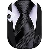 Barry.Wang Tie Sets for Men Silk Stripe Necktie Woven Checkered Handkerchief Cufflinks Formal Business Wedding