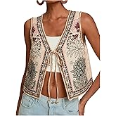 MakeMeChic Women's Vest Tops Tie Front Floral V Neck Sleeveless Boho Outerwear Waistcoat