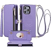 Stylivolve Crossbody Wallet Case for iPhone 15 Pro Max with Mirror, Wrist Strap, Zipper Purse Magnetic Flip RFID Blocking Card Holder, Wireless Charging, PU Leather Shockproof 6.7" Women (Purple)