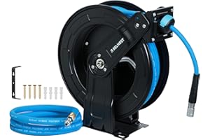 RELHOST Retractable Air Hose Reel Dual Arms, 50 ft x 3/8 in Hybrid Air Hose (300PSI), Heavy Duty Compressor Hose Reel, Auto Rewind & 180° Swivel - Wall/Ceiling Mount for Workshops