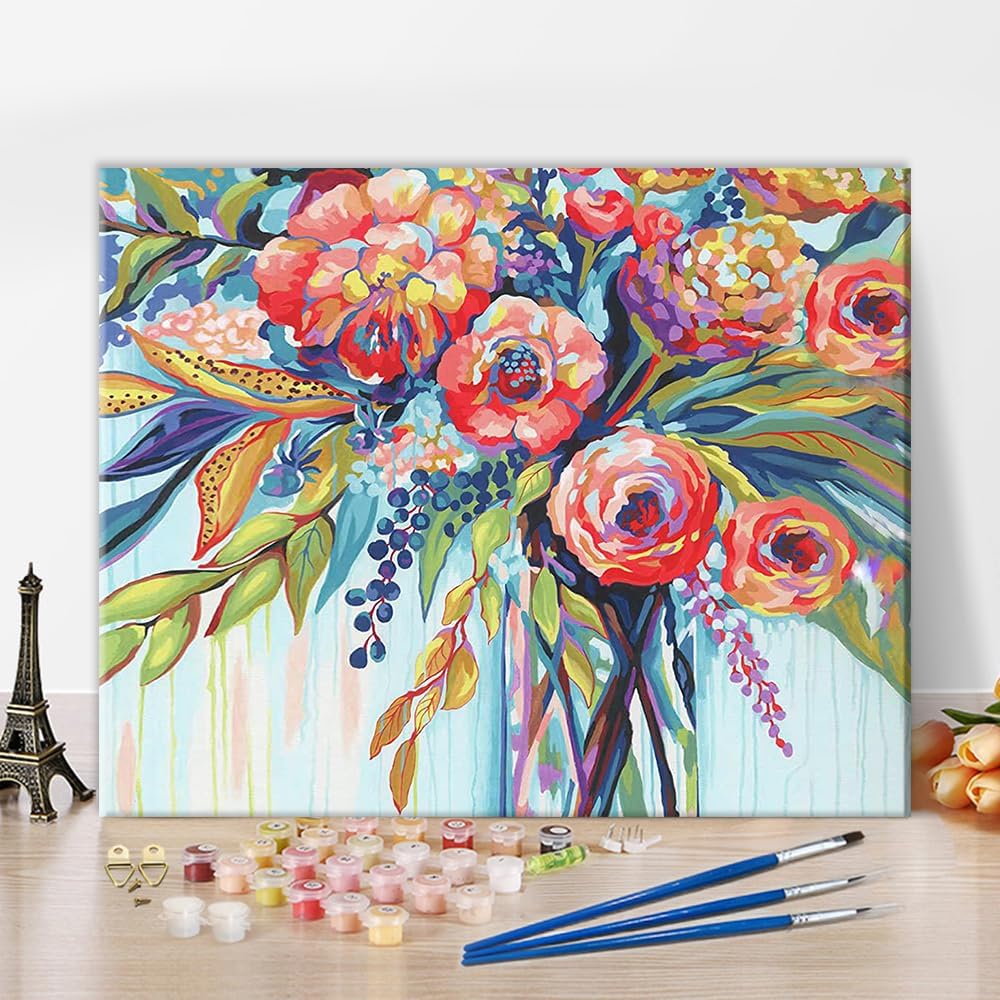 Paintings - TUMOVO Abstract Flowers Paint by Numbers for Adults Kids Colourful Vase Floral Pictures Oil Painting Kits by Number On Canvas Wall Decor for Home Living Room Farmhouse 16 Inx20 in