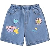 Hilinker Girls Jean Shorts Cute Heart Flower Elastic Waist Denim Shorts with Pockets Summer