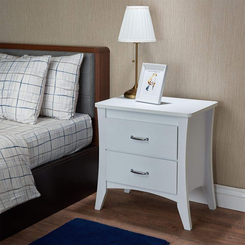 White 2Drawer Night Table for Bedroom, Luxury Curved Legs