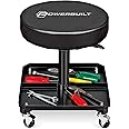 Powerbuilt Rolling Seat, Height-Adjustable Garage Stool with Tool Tray, Smooth and Padded for Car Repair, Detailing, Comfort - 640834, Black