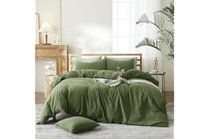AMWAN Army Green Bedding Sets Queen Size Dark Green Duvet Cover 100% Washed Cotton Comforter Cover Modern Style Solid Color, Luxury Soft for Men Women Bed Set