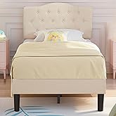 VECELO Twin Size Platform Bed Frame with Fabric Upholstered Headboard and Wooden Slats Support, No Box Spring Needed/Easy Assembly,Beige