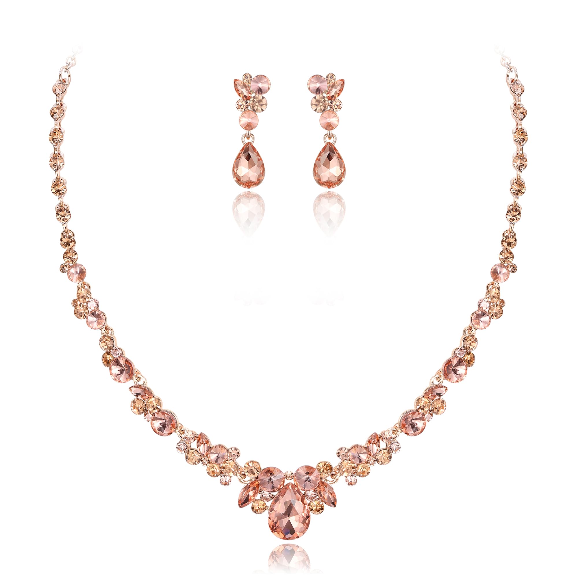 Ever Faith Bridal Jewellery Set Champagme Color Rhinestone Crystal Wedding Party Floral Teardrop Necklace Earrings Sets for Brides