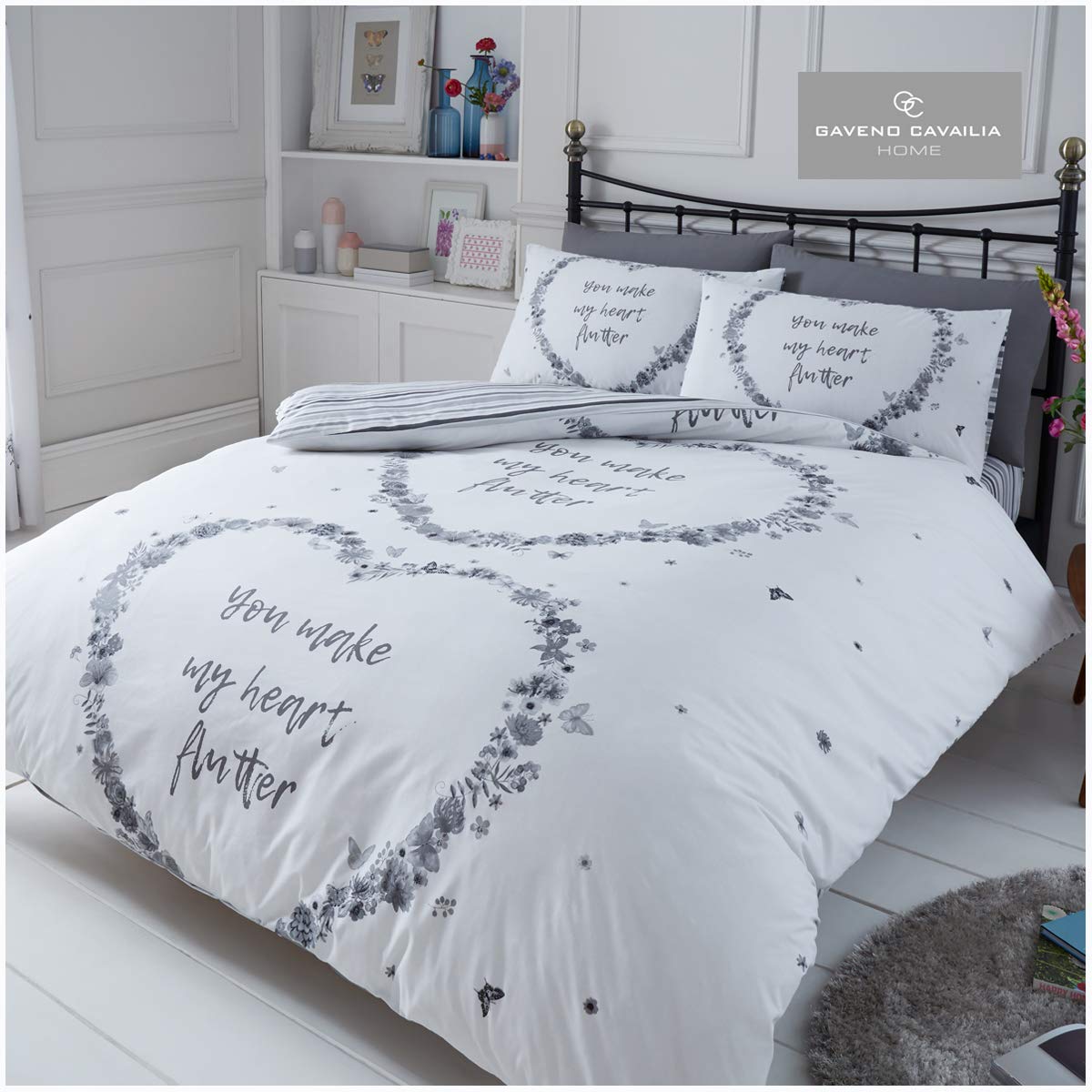 GC GAVENO CAVAILIA Gaveno Cavailia Flutter Single Duvet Set Grey Bedding, 2 Piece Cotton Blend Striped Reversible Heart Floral Bedlinen, Easy Care DuvetCover Bedset, 1 Quilt Cover + 1 Pillow Case
