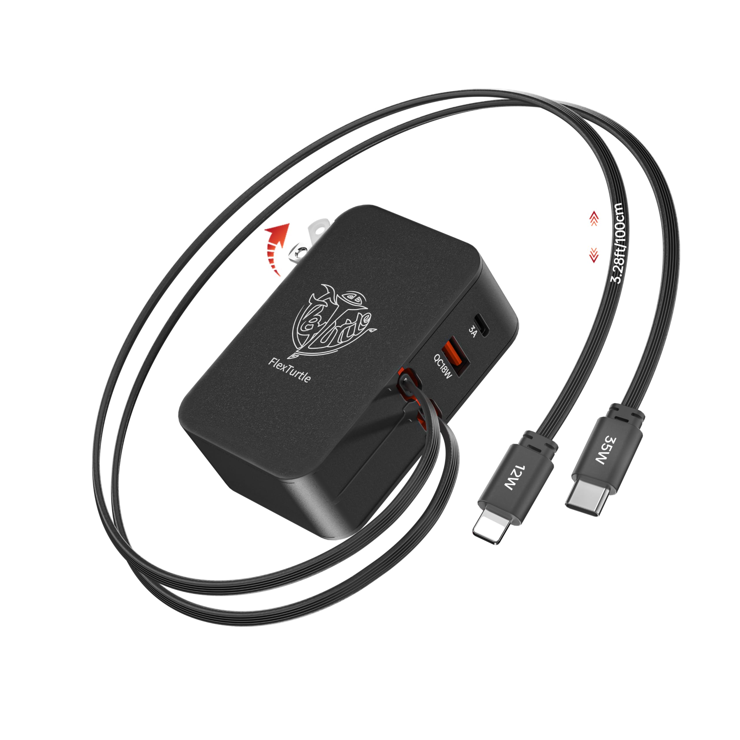 FlexTurtle【Ultra-Compact】 4 in 1Retractable Wall Charger with Dual Cables(3.28ft), Retractable Phone Charger Wall Plug with 2 USB Ports, 35W Retractable Charger for iPhone 17/16/15/14/13, iPad(Black)