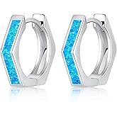 Lasidor Opal Hoop Earrings for Women Hexagon Huggie Earrings 14K White/Yellow Gold Plated Hypoallergenic Small Huggie Hoop Earrings for Women Girls Jewelry Gifts