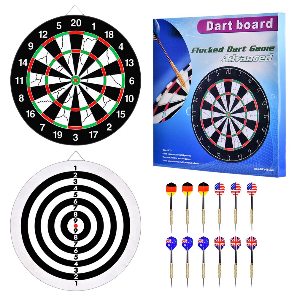 GYMAN 18 Inch Dartboard, Family Tournament Sized Dart Game Double Sided Dartboard Complete Set Official Size with 12 Steel Darts
