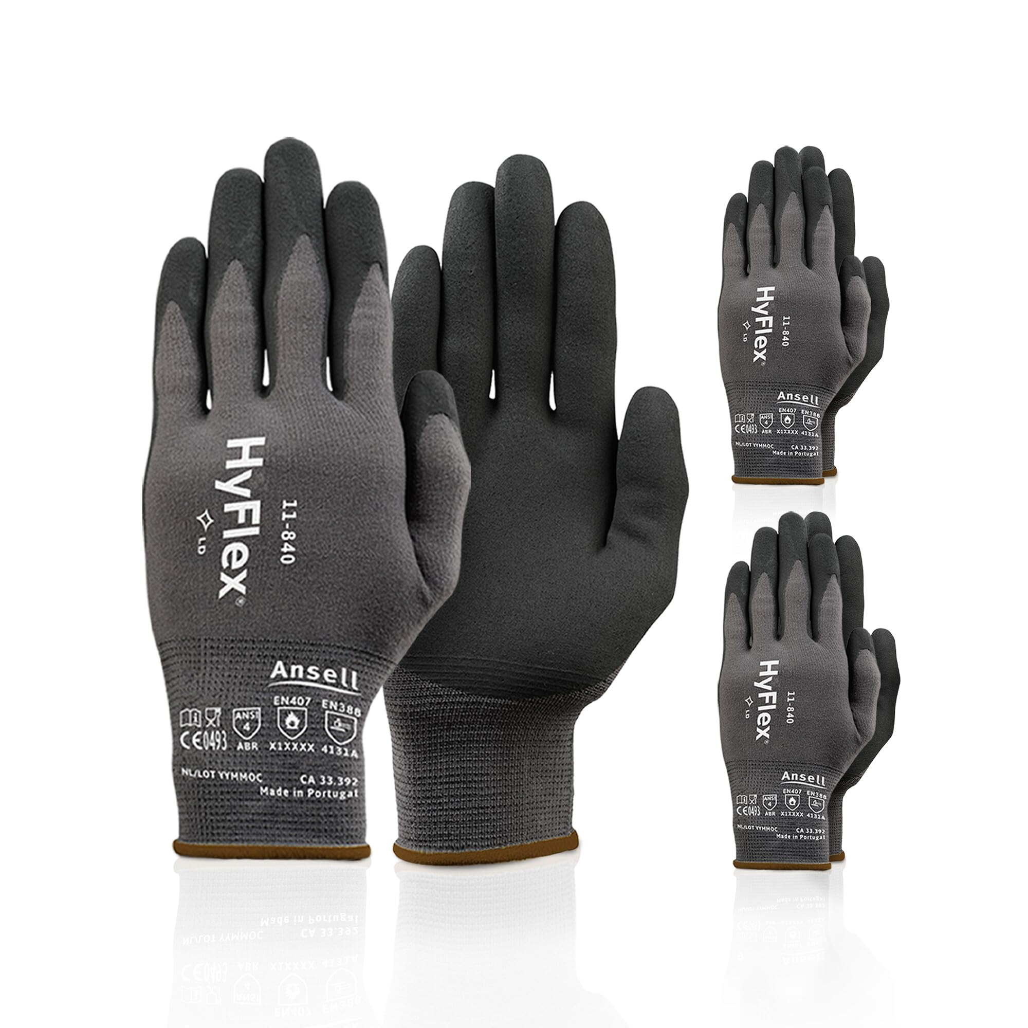 Photo 1 of Ansell HyFlex 11-840 Ergonomic Abrasion-Resistant Nylon Spandex Nitrile Coated Industrial Gloves for Automotive, Fabrication - Small (7) Grey (3 Pairs)