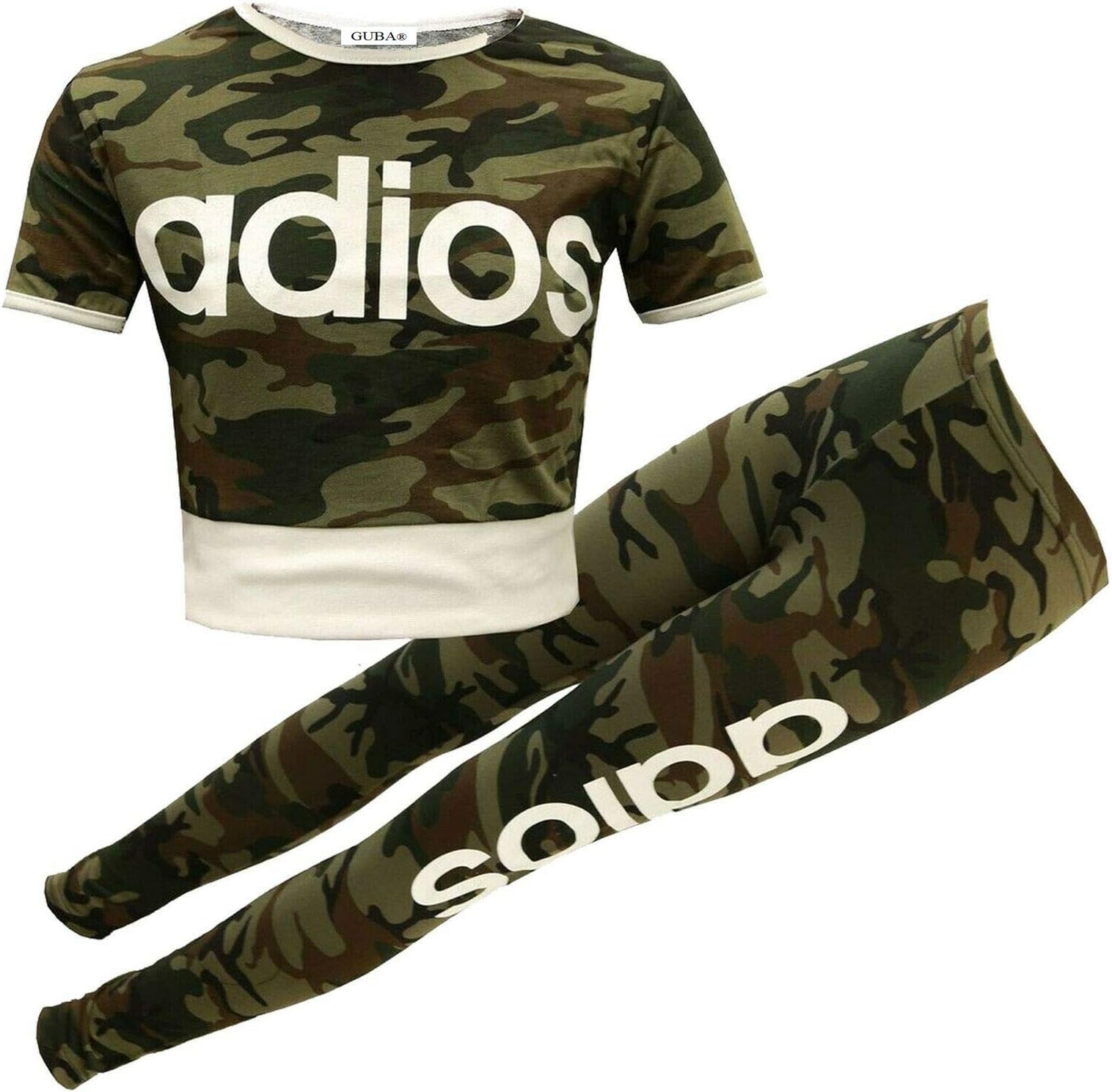Girls New Adios Athletic Camouflage Crop TOP & Legging Two Piece Set 7-13 Years