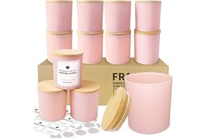 SUPMIND 12 Pack 10oz Pink Glass Candle Jars for Making Candles with Bamboo Lids Sticky Labels Warning Labels for Making Candles Empty Containers - Dishwasher Safe