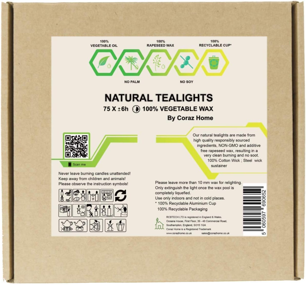 Coraz Home, Pack of 80 Natural Tealights, 8-Hour Burn Time Each Tea Light- 100% Rapeseed White Wax - Image 3