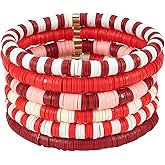 Ornaland 6 PCS Heishi Surfer Bracelets Set 6mm Polymer Clay Heishi Beads Stretch Bracelets Bohemia Summer Beach Jewelry for Women (Red)