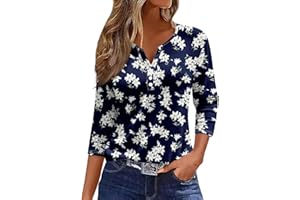 ZXCTKA Summer Plus Size Shirts for Women Button V Neck 3/4 Sleeve Tops Dressy Henley Floral Print Tees Tunic Casual Blouses