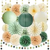 Boho Paper Decorations Set, Sage Green Party Decorations Set, Boho Neutral Baby Shower Decor, Paper Pom Poms Lanterns Honeycomb Balls Hanging Star Garland for Birthday Baby Shower Wedding Party Supply