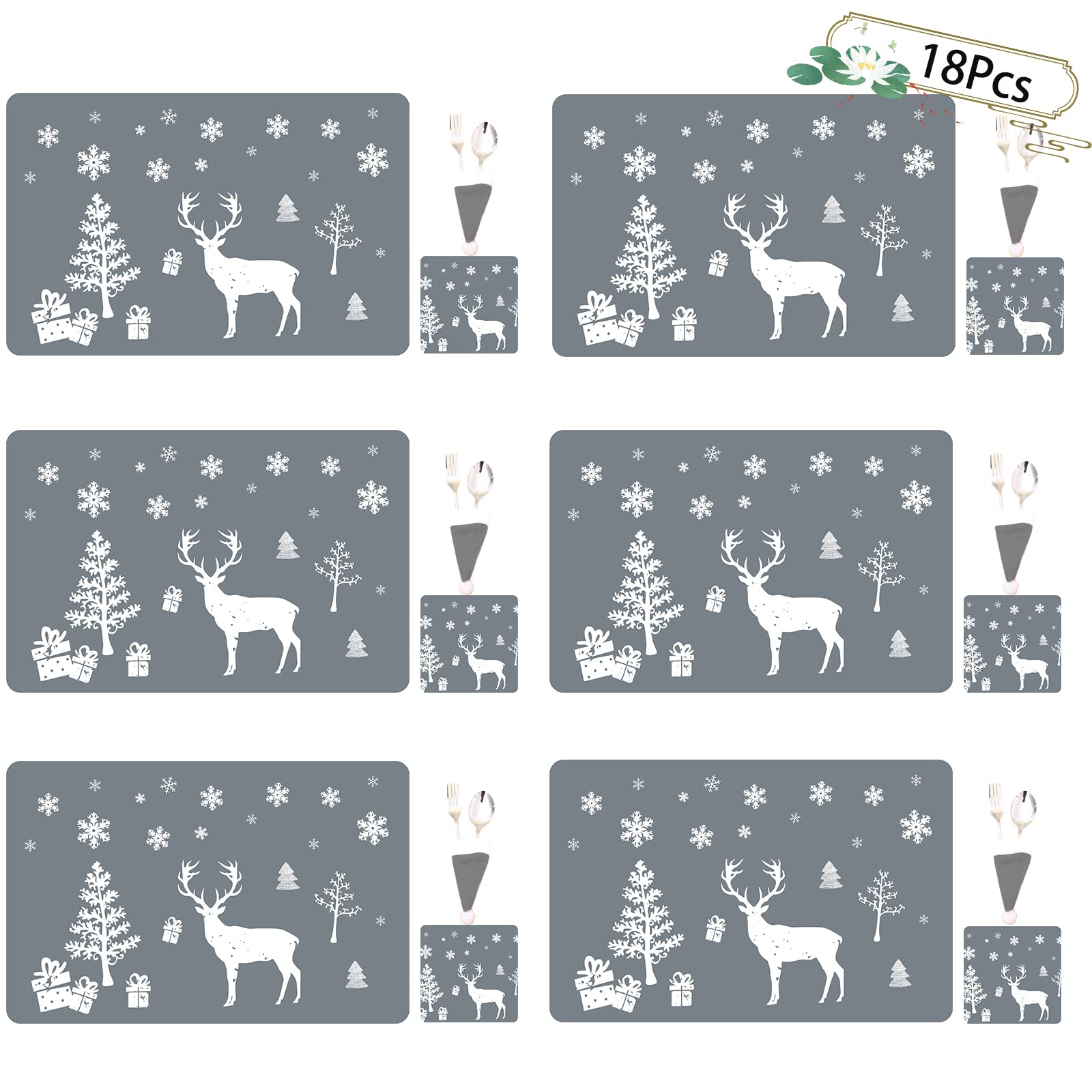 18PCS Christmas Placemat with Cup Mats,christmas table mats，Christmas PVC Placemats Coasters Cutlery set Het Resistant Waterproof Xmas Table Mats, for Xmas Party Home Dining Table Decoration（grey） — image 1