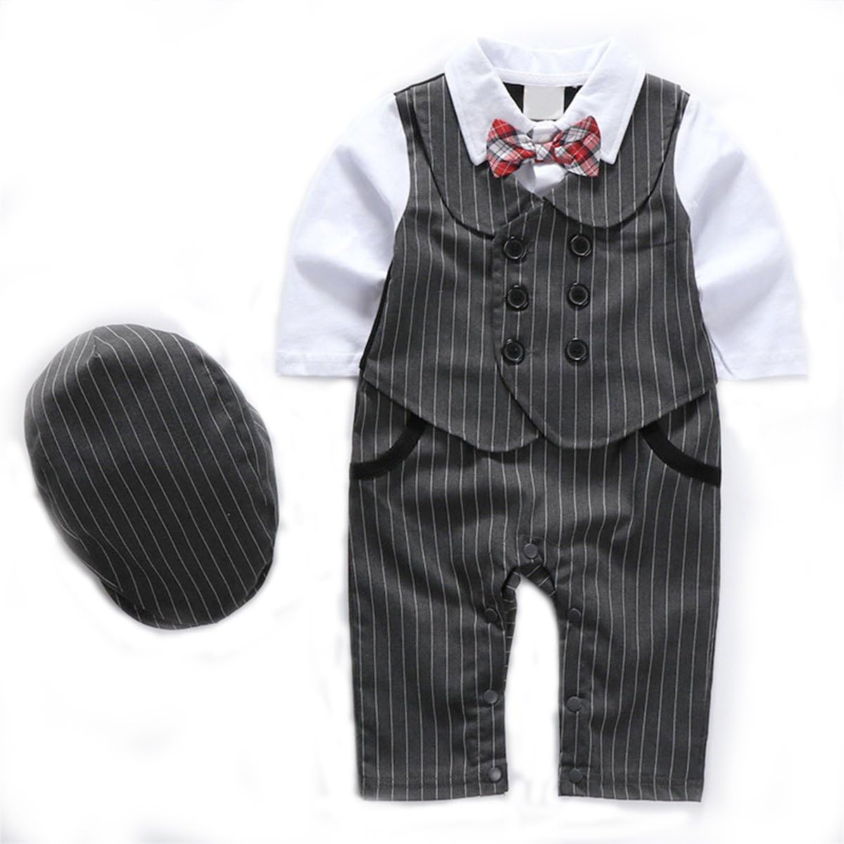 TOOTANN Baby Boy 1Pcs Rompers Clothing with Plaid Cap & Bow Tie