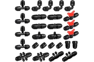 RedChili 27 Pcs 1/2 Inch Irrigation Tubing Fittings Kit, 16mm 1/2" Drip Tubing Barbed Locked Nuts Connectors with 4 Couplings 4 Tee 4 Ends 4 Elbows 3 Switch Valves 6 Reducers 2 Hose Adapters
