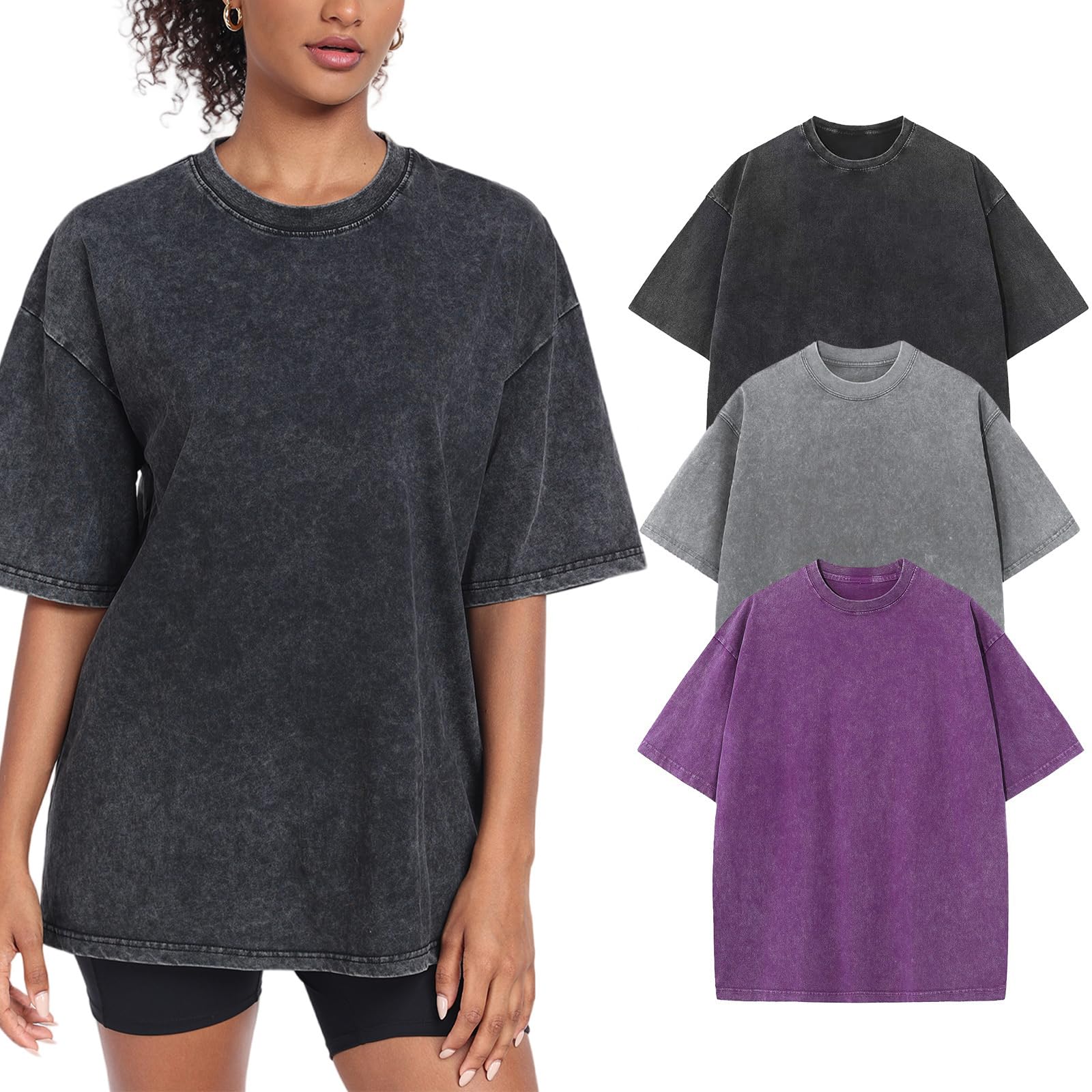 3 Pack Womens Washed Vintage Oversized T-Shirt Baggy Workout Tops Short Sleeve Cotton Tshirts Streetwear Boyfriend Tee(W-PUGYBK,l) Image