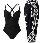 BAWHAHT Women’s Tummy Control One Piece Swimsuit Set with Skirt Wrap Cover Up Retro Bathing Suit