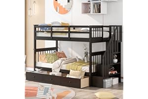 Harper & Bright Designs Twin Over Twin Bunk Bed with Stairs and Guard Rail, Wood Bunk Bed with Storage Drawers Twin Bunk Bed Frame for Bedroom, Dorm, Kids, Teens, Adults (Twin, Espresso)