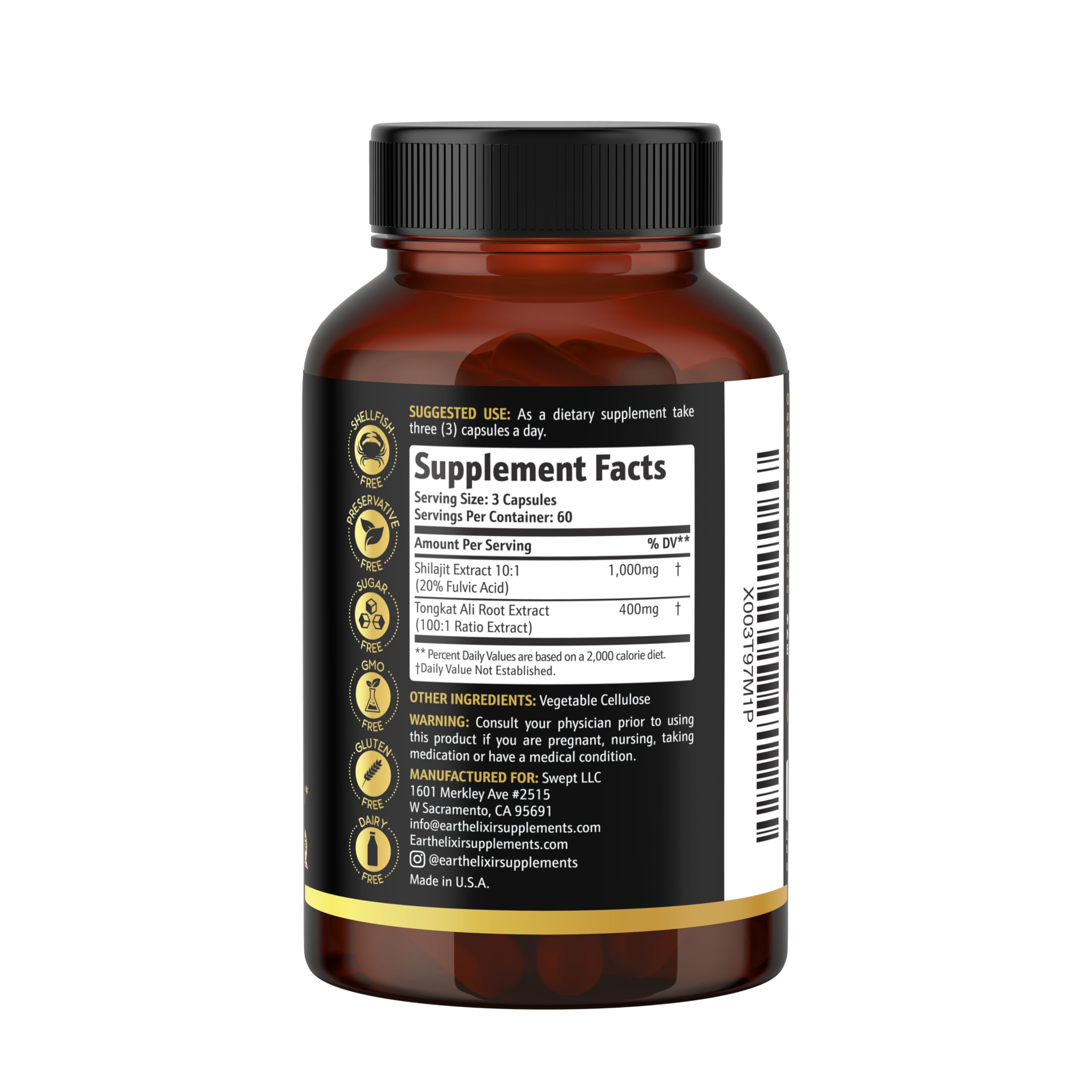 Earth Elixir Shilajit 1000mg & Tongkat Ali 400mg (180 Capsules) Made in USA-Shilajit Supplement (20% Fulvic Acid) Shilajit Pure Himalayan Organic & Tongkat Ali for Men More Potent Than Shilajit Resin