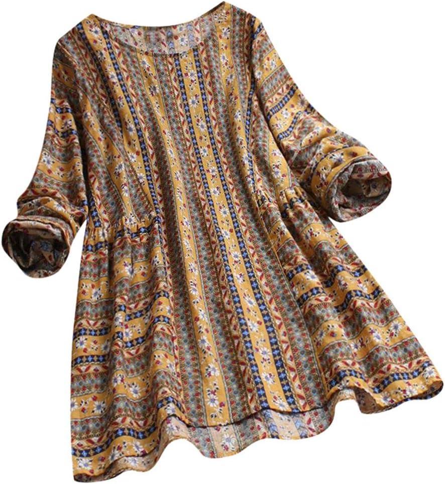 iHHAPY Women's Oversize T-Shirt Elegant Blouse Boho Tops V-Neck Shirt Loose Tops Flowers Print Cotton Linen Tunic