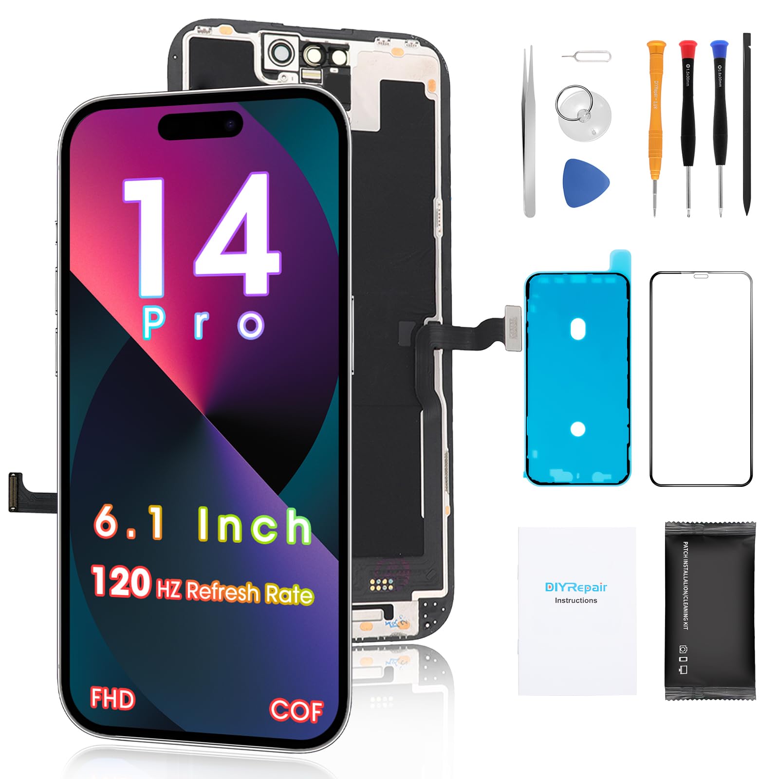 for iPhone 14 Pro Screen Replacement 6.1', 3D Touch Display Full Repair kit, Digitizer Assembly with Tools Set, Tempered Glass, Instruction