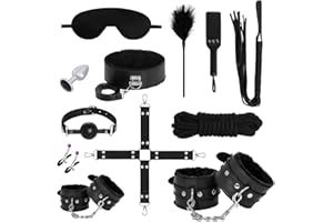 Rbenxia 12 PCS Sex Bondage BDSM Restraints Kits Fetish Handcuffs Ankle Cuff Collar Blindfold Whip Rope Nipple Clamps Paddle A