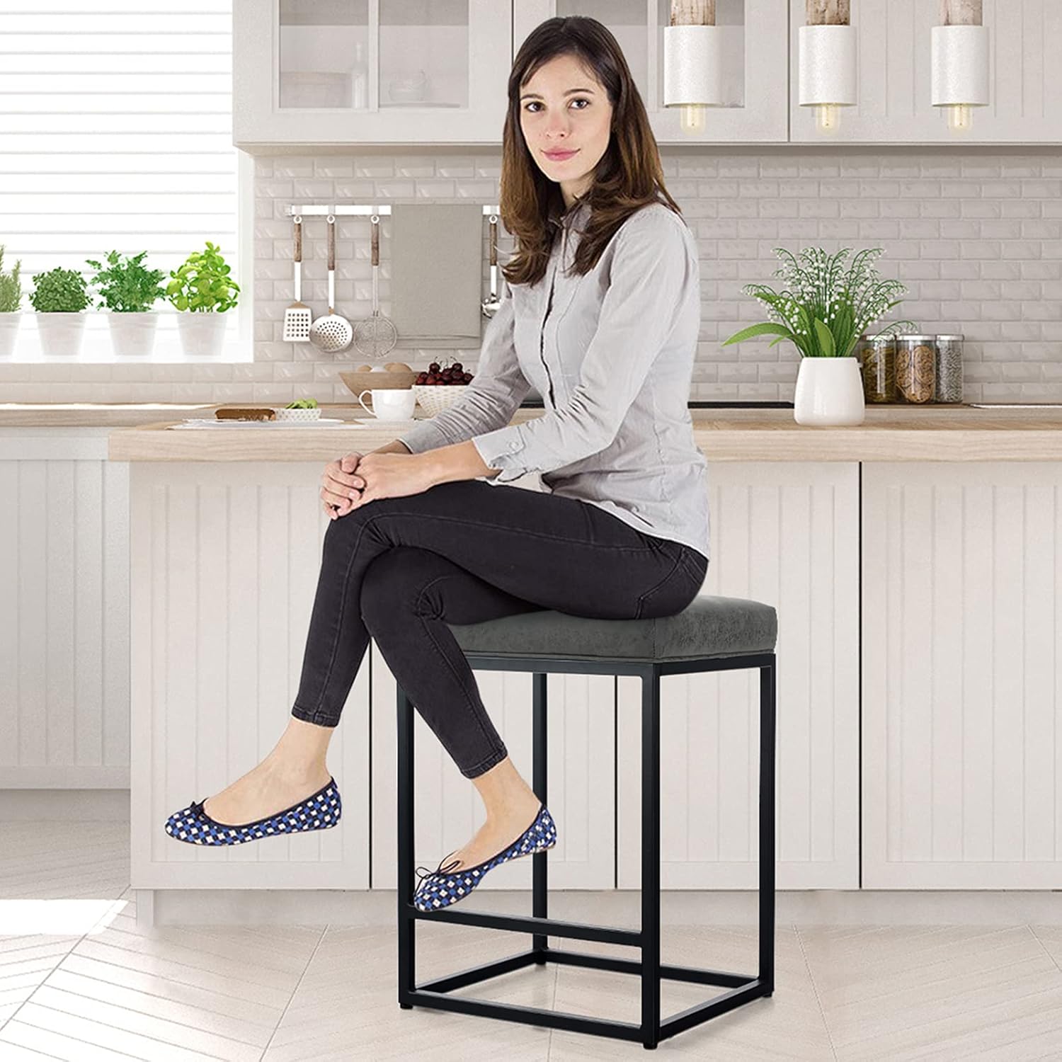 Maison Counter Height 24 Inch Bar Stool for Kitchen Counter Backless Industrial Stool Modern Upholstered Barstool Countertop Chair Saddle Seat Island Stool,330 LBS Bear Capacity,1 Stool(24 Inch, Grey): Furniture & Decor