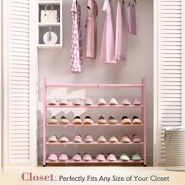 BUMUSTY 5-TIER EXPANDABLE SHOE RACK FOR CLOSET, 18“-33” ADJUSTABLE SHOE RACK FOR SMALL SPACE, SMALL SHOE ORGANIZER FOR FRONT DOOR, STURDY METAL (PINK)