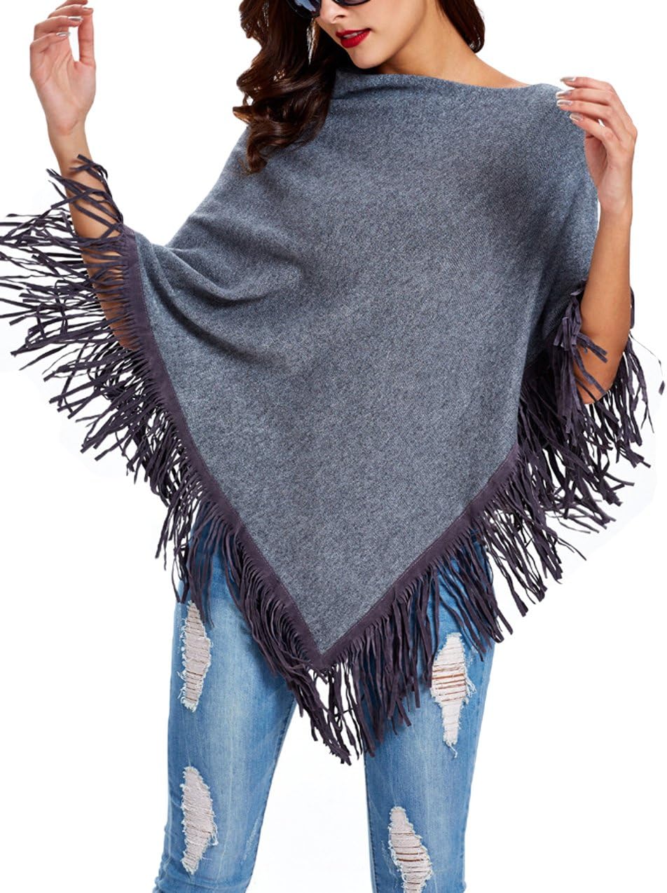 Women's Off Shoulder Irregular Pullover Sweater Tassel Shawl Poncho Cape Coat