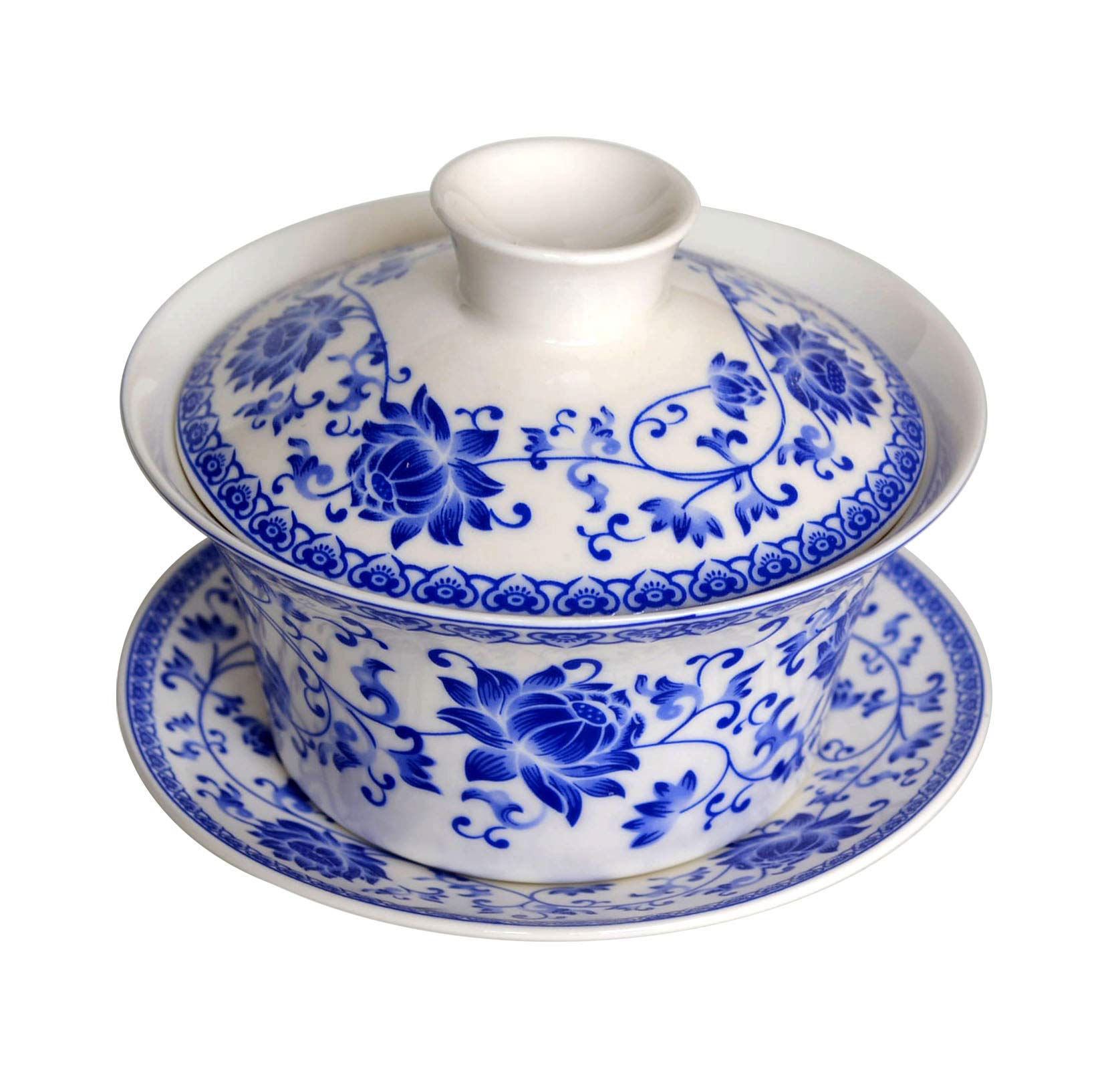 Gaiwan 150ml Blue White Porcelain Teacup Sancai Tea Cup Saucer Cover Set Lotus (200ml Lotus)