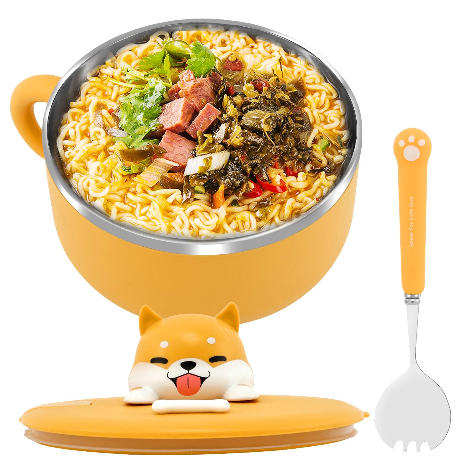 Alongen Ramen Bowl with Handle and Lid, 1200ml Large Instant Noodle Bowl with Lid and Spork, 304 Stainless Steel Noodle Bowl Heating Cup Noodles Soup Bowl, Salad Box, Kitchen Mixing Bowl